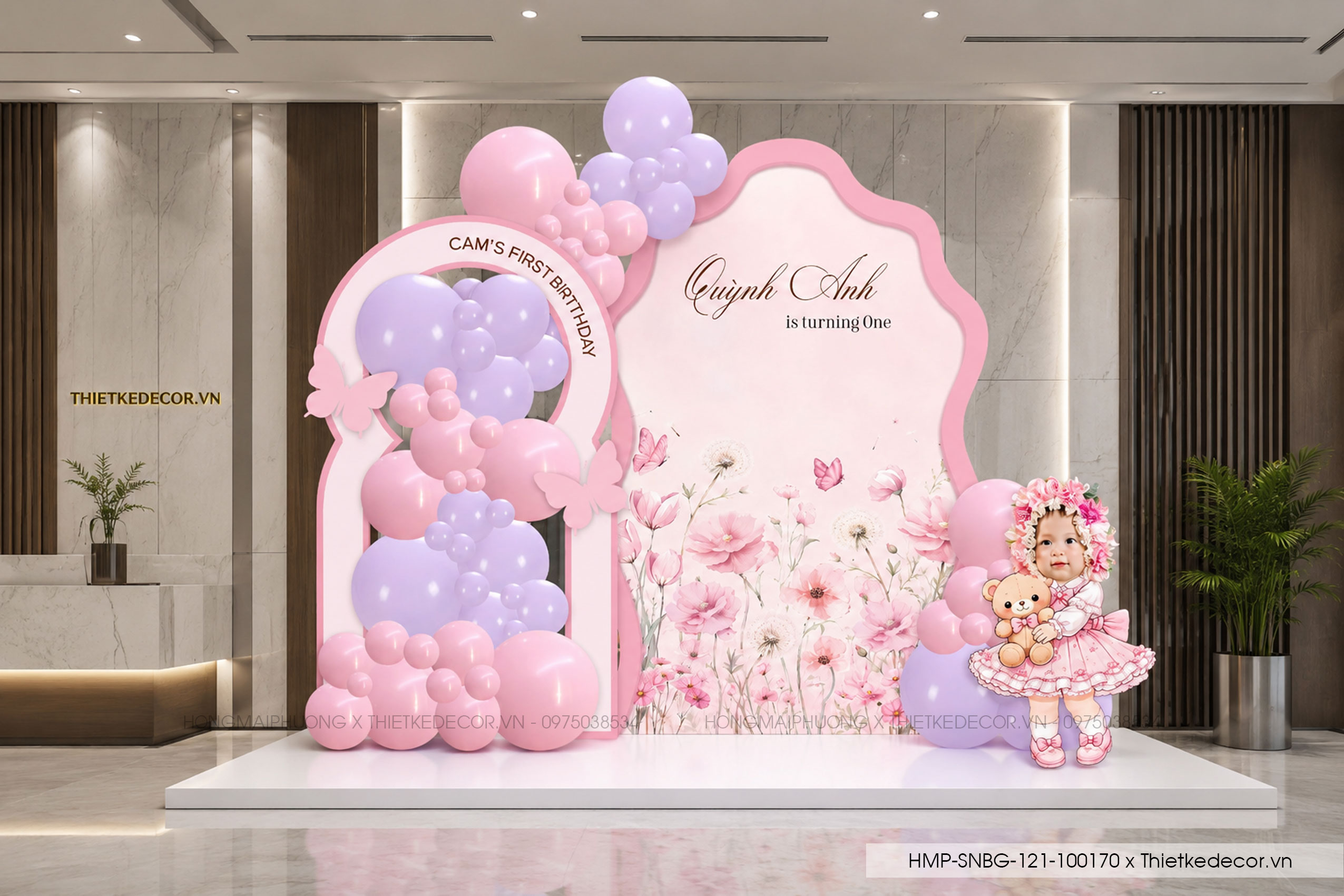 File thiết kế decor trang trí tiệc sinh nhật bé gái mix hoa, bong bóng cute dễ thương đáng yêu tone hồng